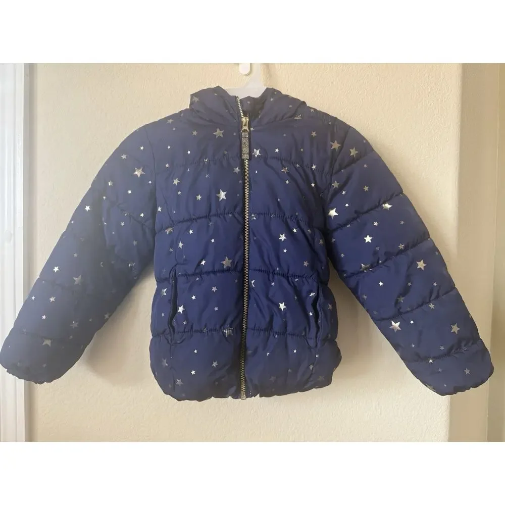 Old Navy Blue Gold Star Frost Free Hooded Girls’ Puffer Jacket Size S 6-7